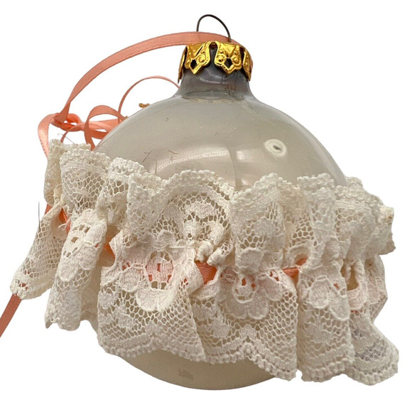 Decorative Ornaments Peach Glam Ribbon Lacy Frosted Ball Heart Roses Clear Glass - Picture 11 of 13